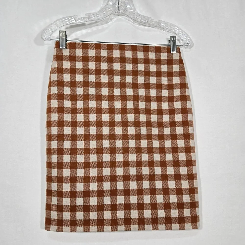 ACADEMIA - SIREN Brown & Beige Checkered Ponte Knit Pencil Mini Skirt PETITE XSP - Picture 6 of 16